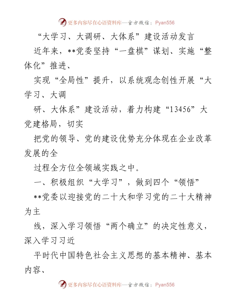 [发言] 党委会议 - 大力推进“大学习、大调研、大体系”建设活动，增强党员干部政治素养与使命担当.docx_第1页