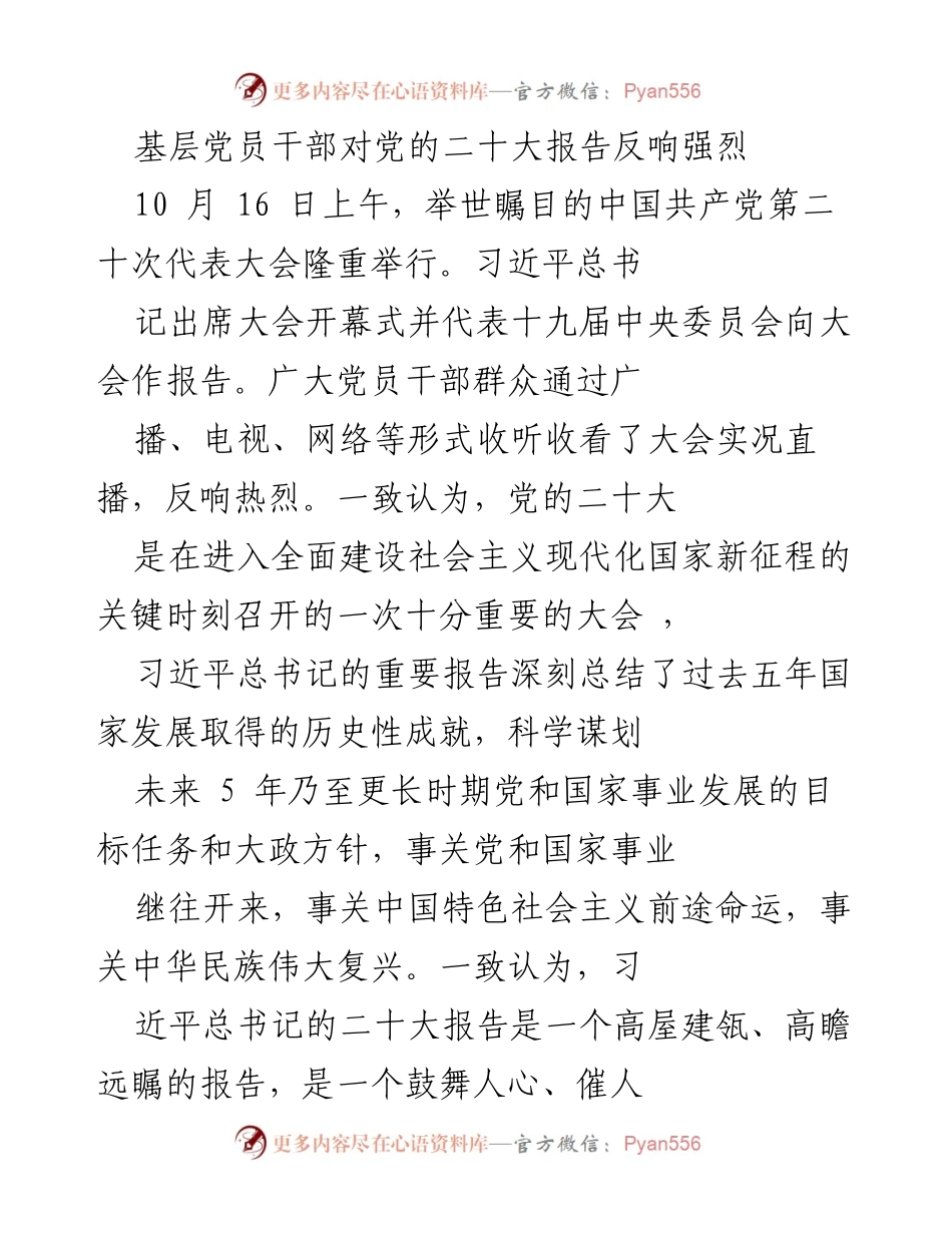 [发言] 党的二十大反响 - 基层党员干部热议二十大报告精神.docx_第1页