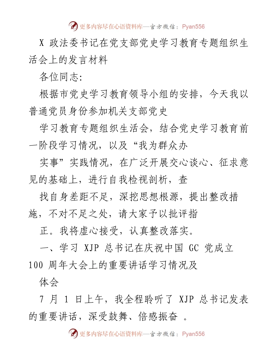 [发言] 党支部党史学习教育专题组织生活会 - 深入学习贯彻总书记重要讲话精神的体会与自我检视.docx_第1页