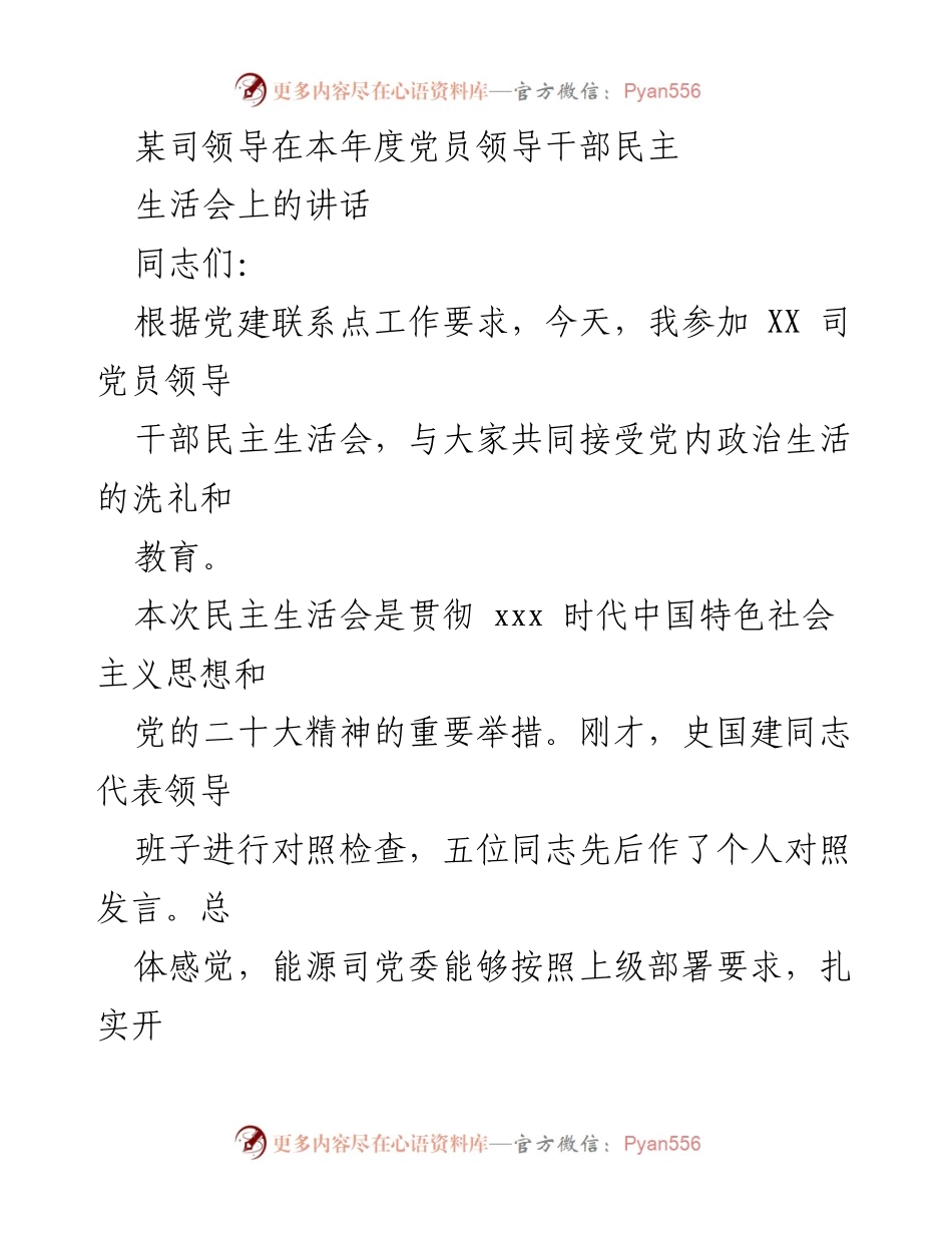 [发言] 党员领导干部民主生活会 - 加强政治建设，推动工作落实_2.docx_第1页