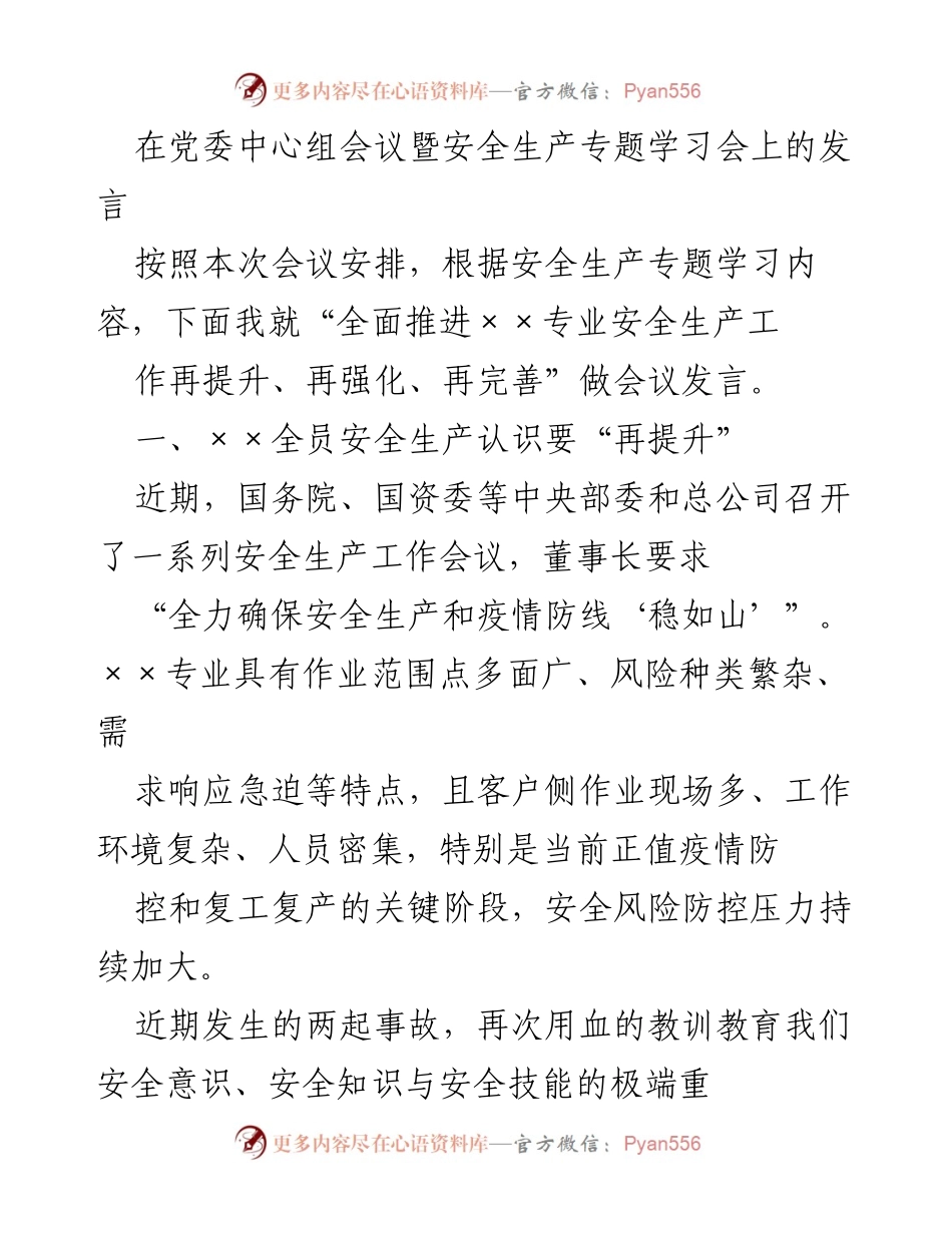 [发言] 党委中心组会议 - 全面推进××专业安全生产工作再提升、再强化、再完善.docx_第1页