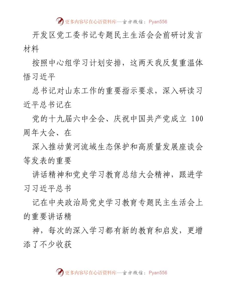 [发言] 党工委专题民主生活会 - 汲取党史智慧，推动高新区高质量发展.docx_第1页