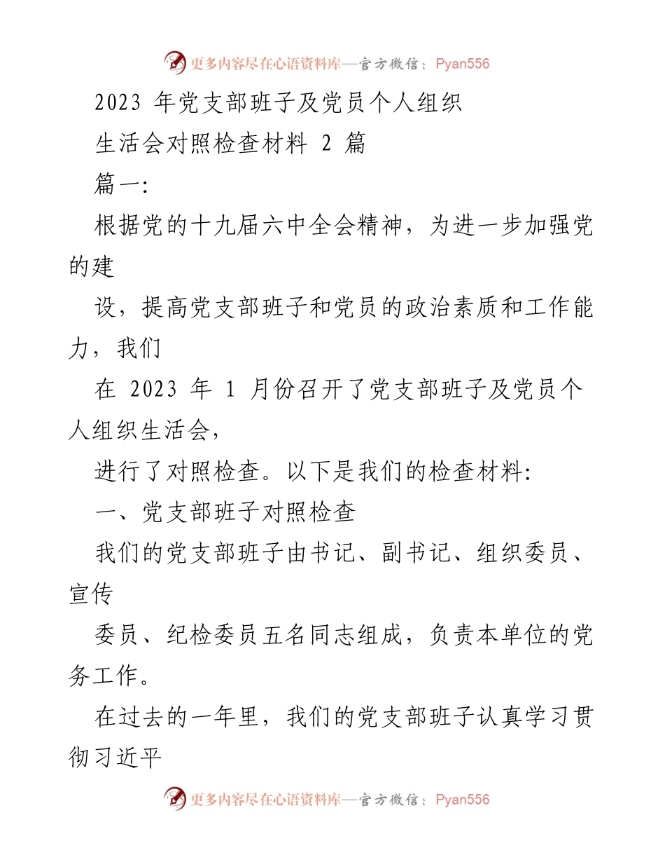 [发言] 党支部组织生活会 - 2023年党支部班子及党员个人对照检查总结.docx_第1页