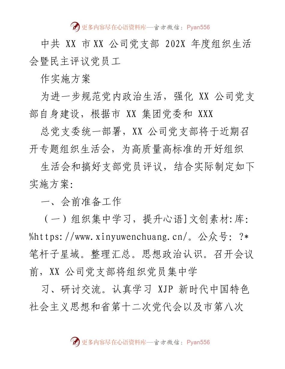 [发言] 党支部年度会议 - XX 公司党支部202X年度组织生活会实施方案.docx_第1页
