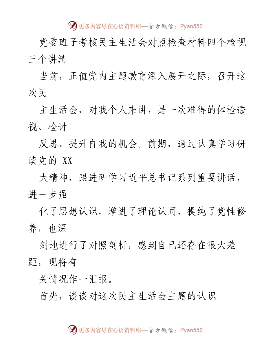 [发言] 党委班子考核民主生活会 - 深入学习与自我反思：习近平新时代中国特色社会主义思想的检视与提升.docx_第1页