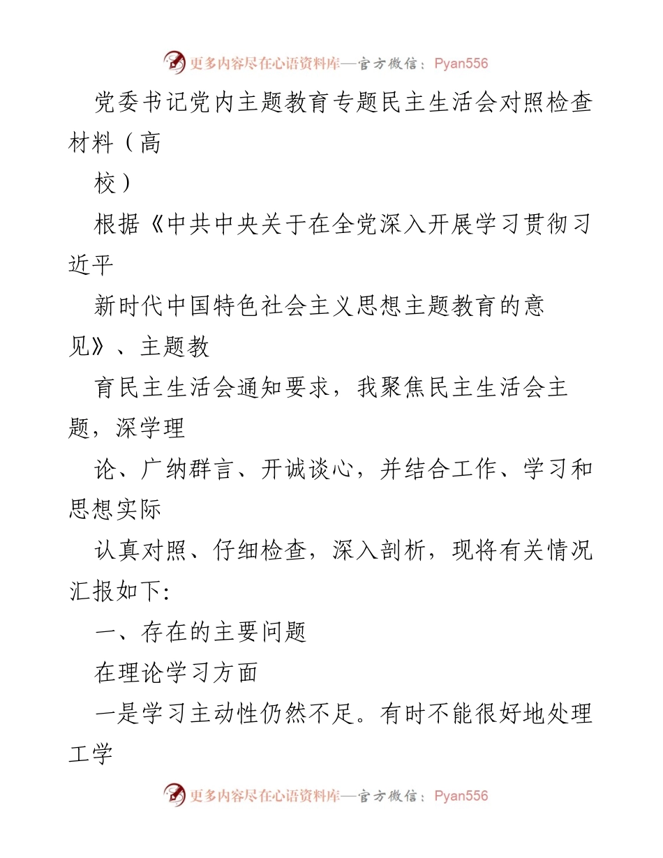 [发言] 党委书记党内主题教育专题民主生活会 - 深入剖析存在问题，推动高校高质量发展.docx_第1页