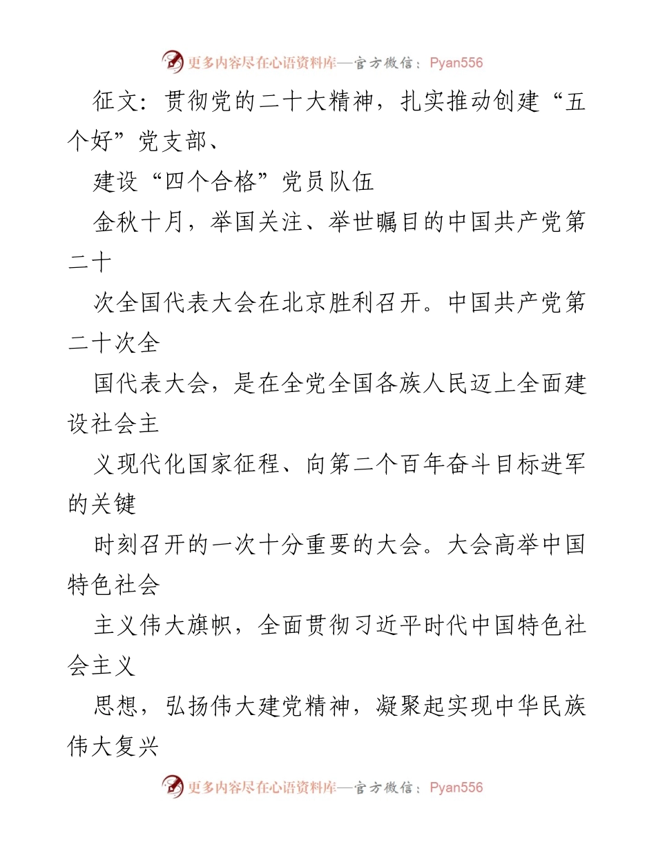 [发言] 党支部会议 - 深入贯彻党的二十大精神，推动创建“五个好”党支部与“四个合格”党员队伍.docx_第1页