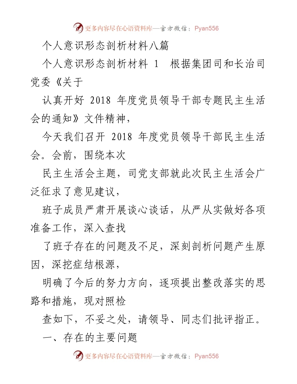 [发言] 党员领导干部民主生活会 - 个人意识形态剖析与整改措施报告.docx_第1页