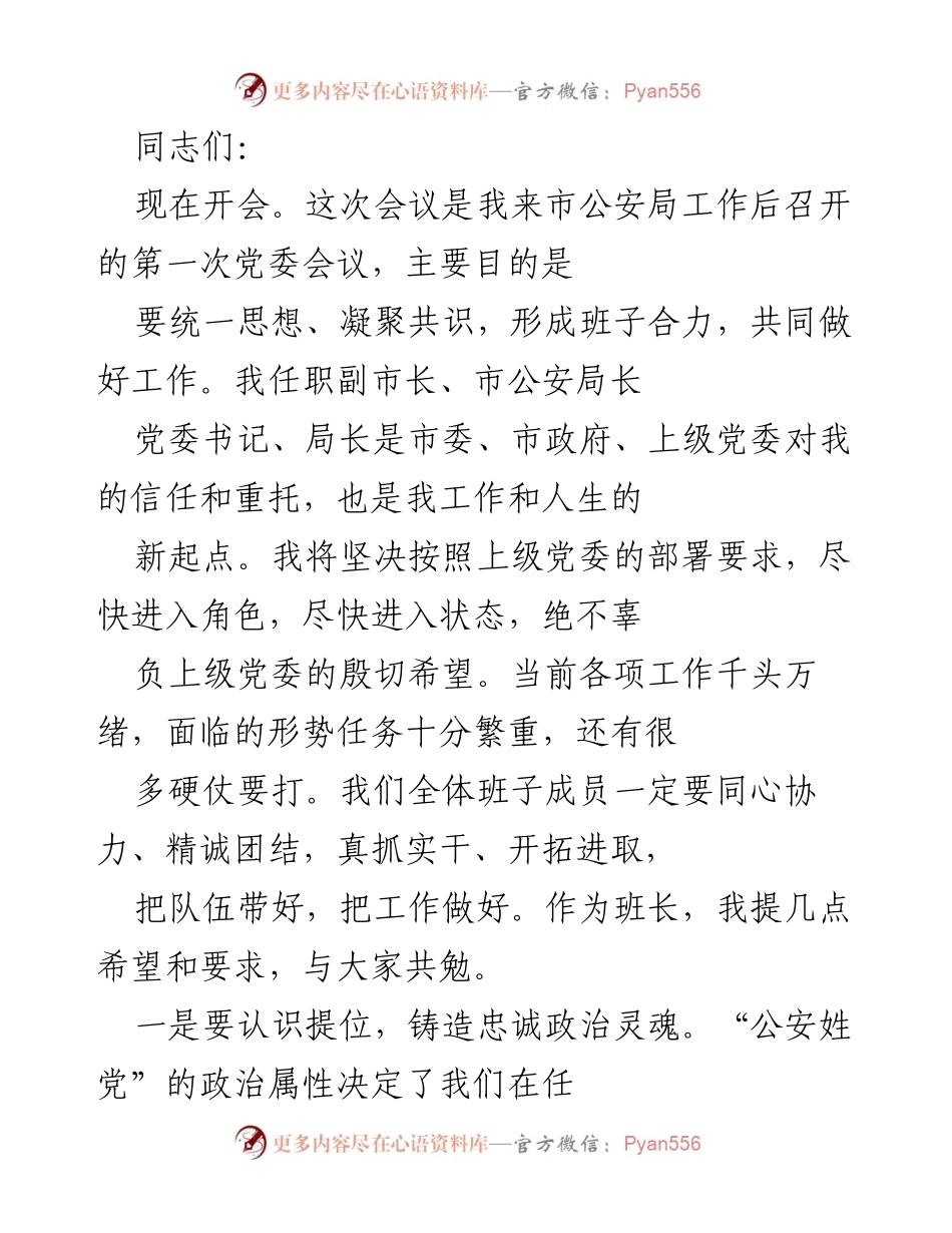 [发言] 党委会议 - 加强团结，提升公安工作效能.docx_第1页