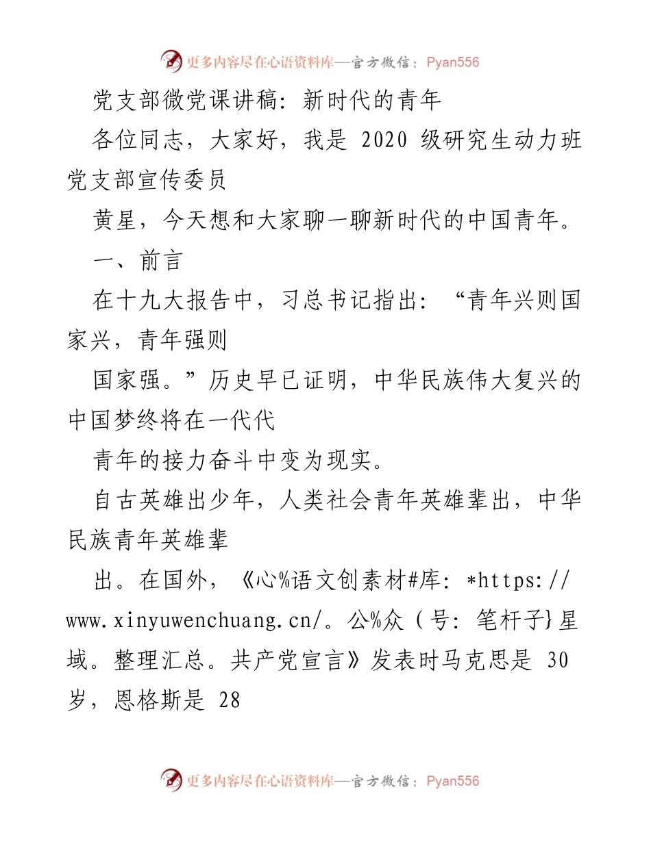[发言] 党支部微党课 - 新时代中国青年：勇担重任，共筑复兴梦想.docx_第1页