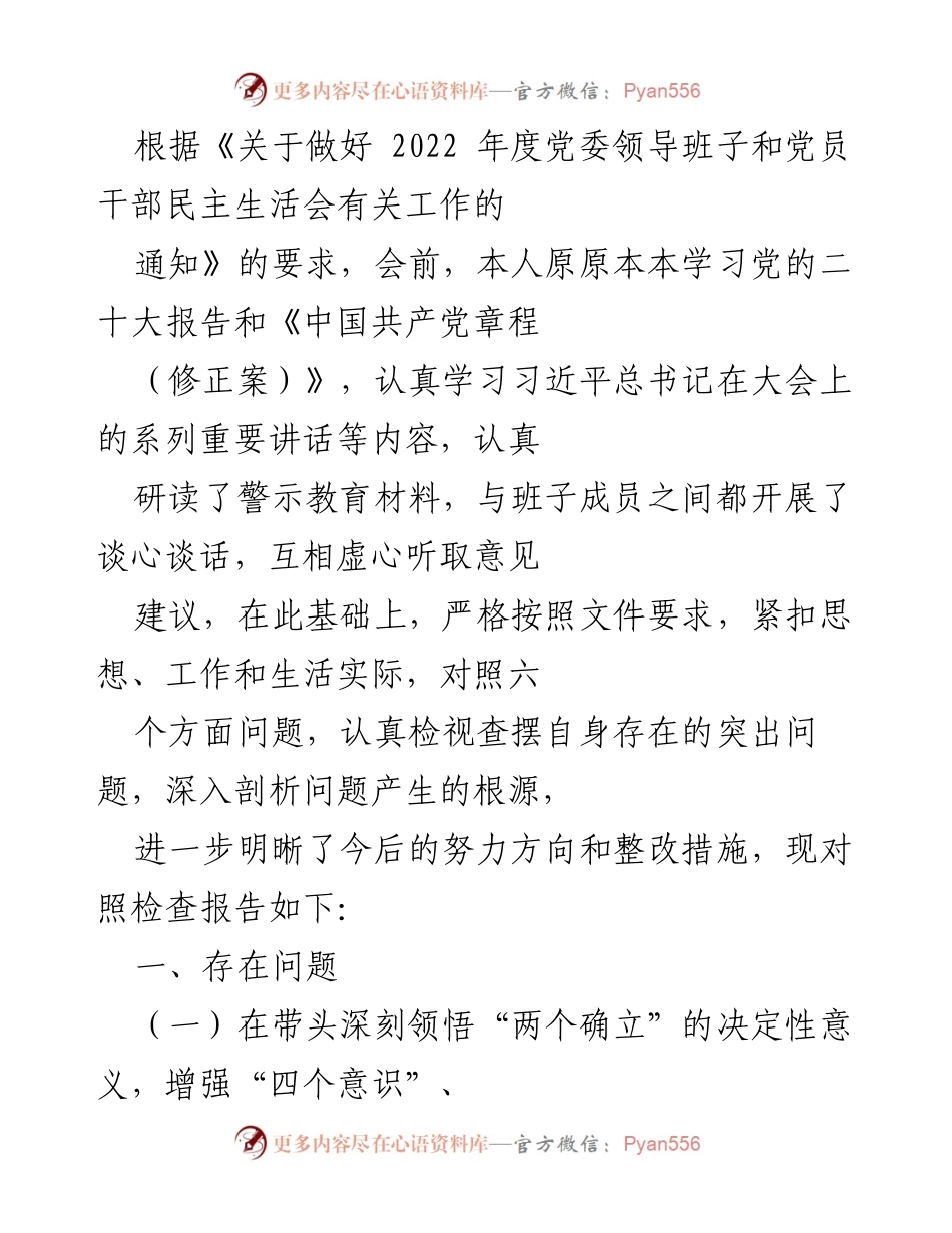 [发言] 党委民主生活会 - 深刻检视与反思：推动“两个确立”的实践落实.docx_第1页
