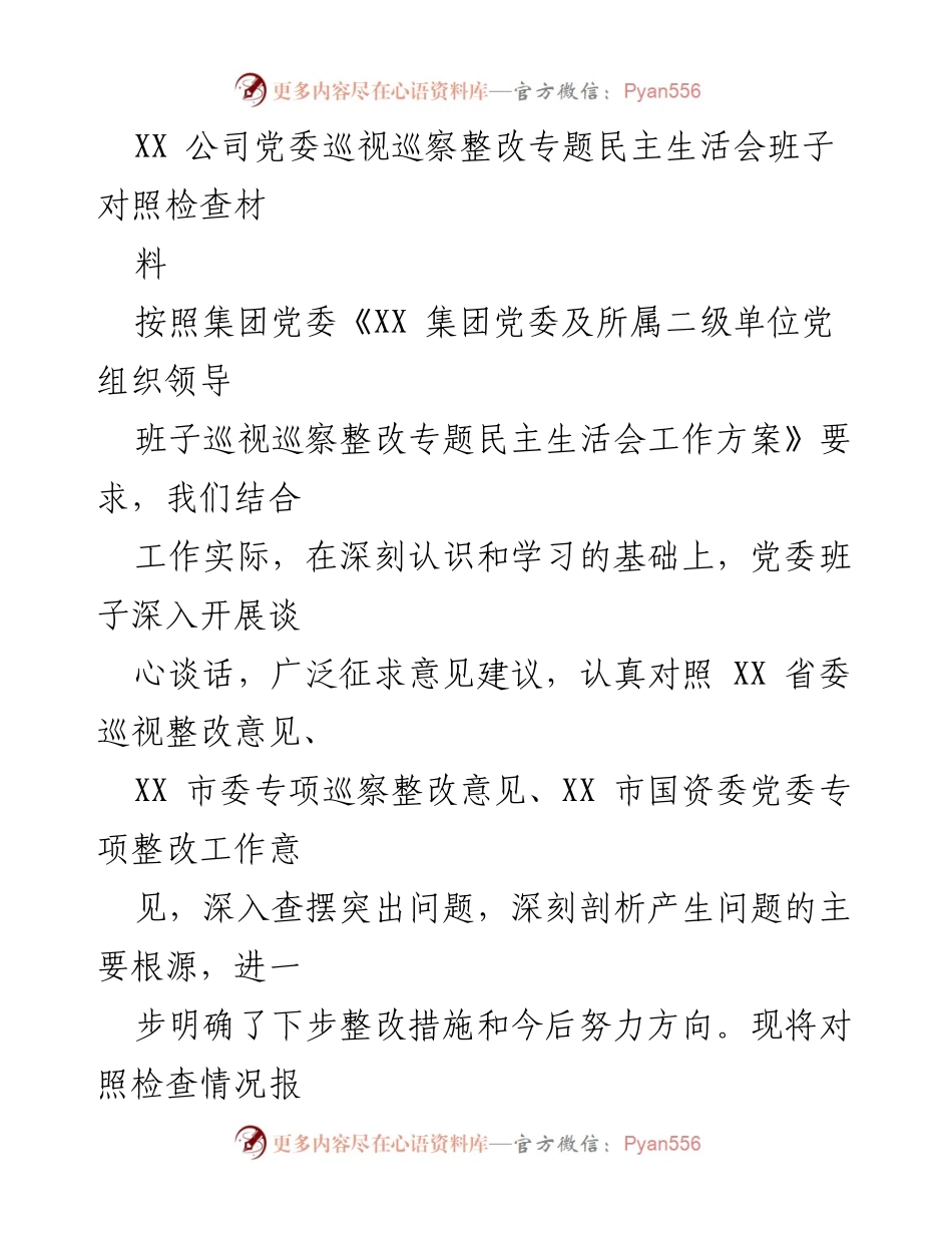 [发言] 党委巡视巡察整改专题民主生活会 - XX 公司党委巡视巡察整改对照检查材料总结.docx_第1页