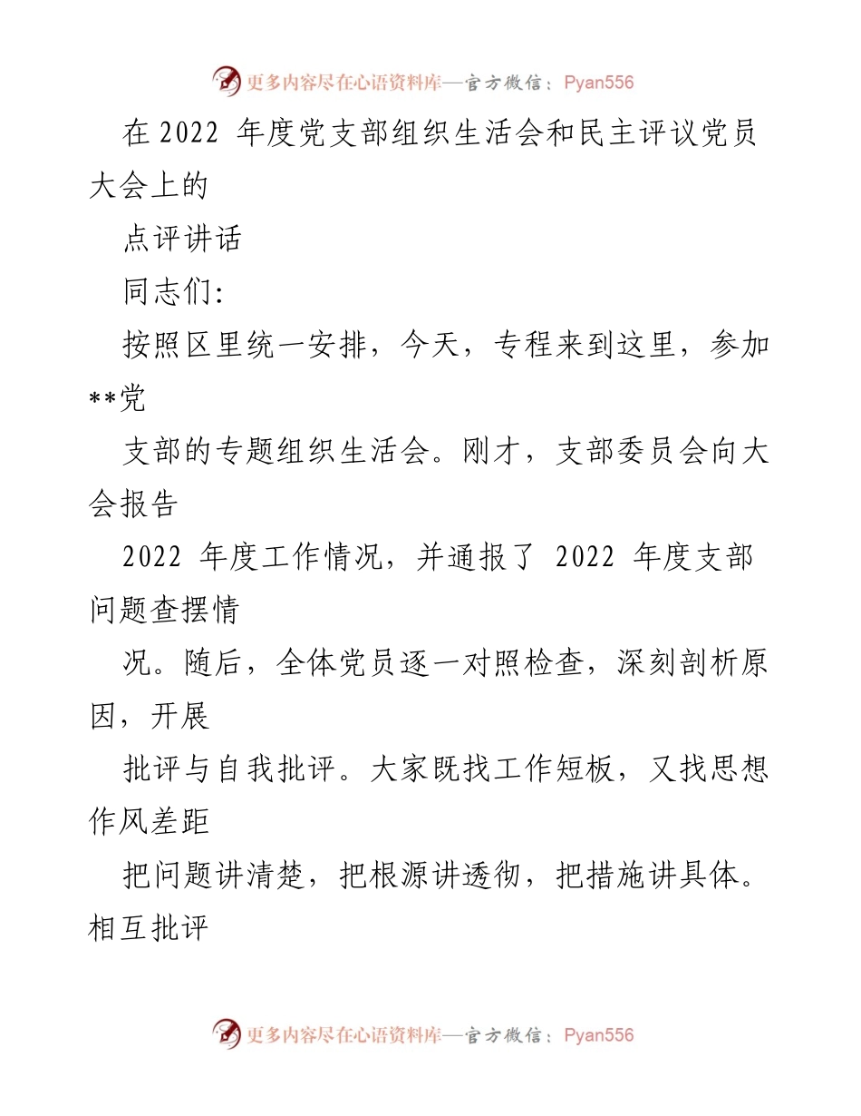 [发言] 党支部组织生活会 - 2022年度党支部组织生活会点评与整改建议.docx_第1页