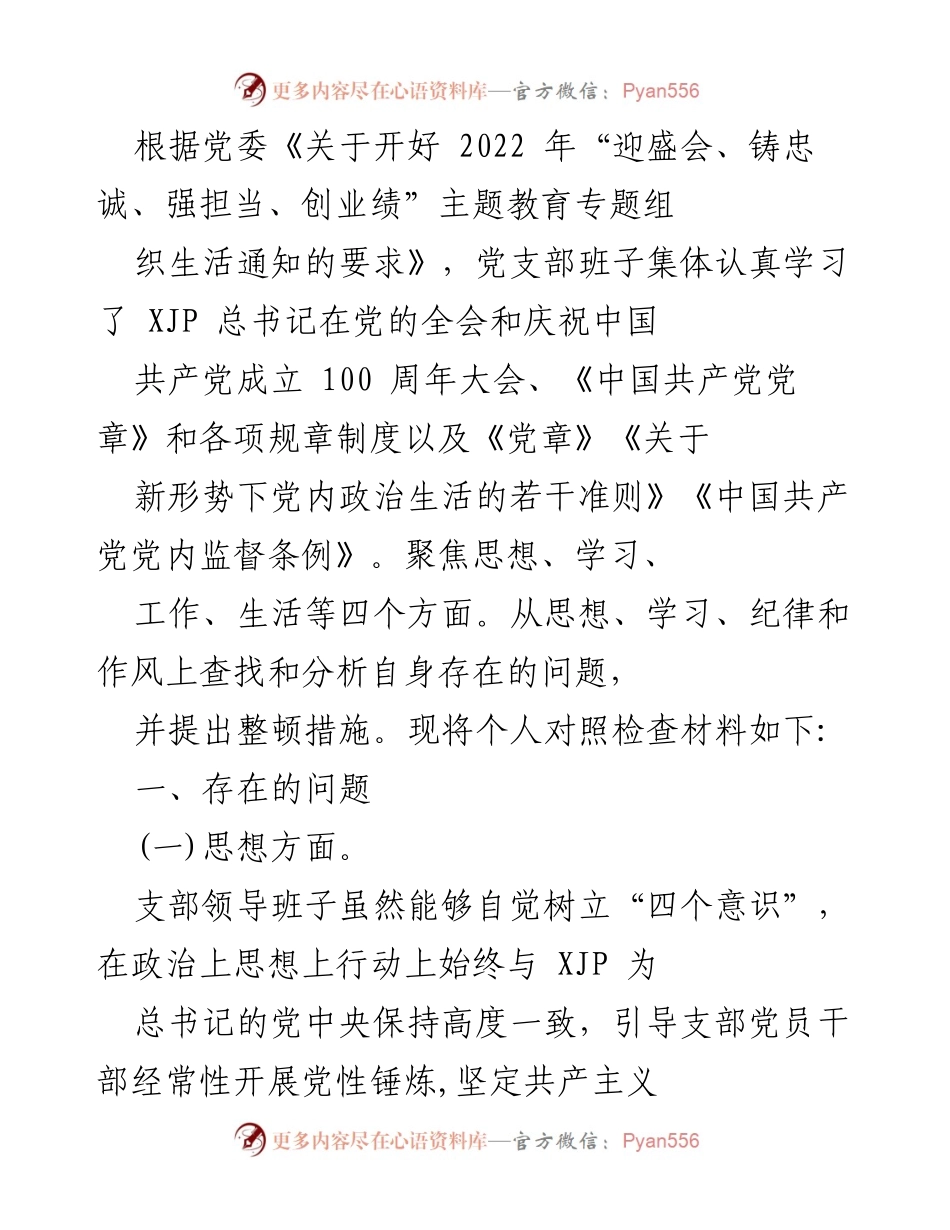 [发言] 党支部专题组织生活会 - 党支部对照检查材料总结.docx_第1页