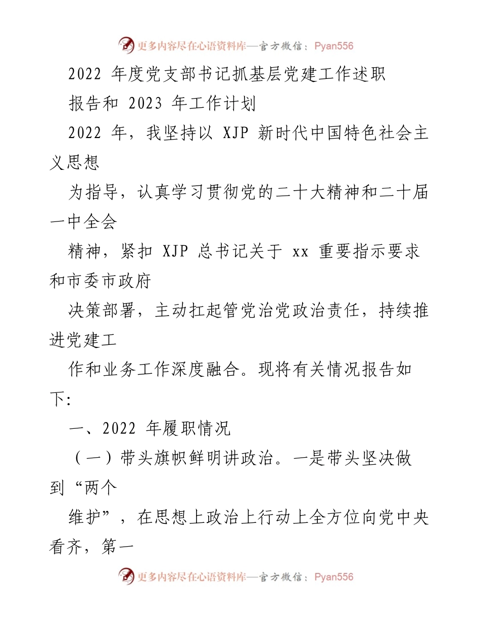 [发言] 党支部书记述职 - 2022年度党支部书记抓基层党建工作述职报告及2023年工作计划.docx_第1页