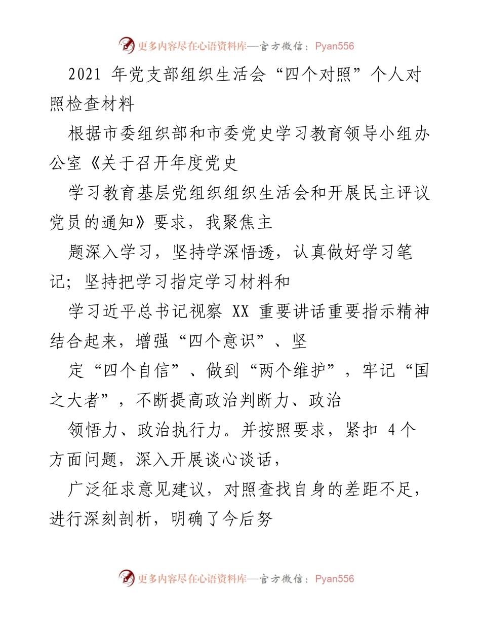 [发言] 党支部组织生活会 - 2021年党支部组织生活会个人对照检查材料.docx_第1页