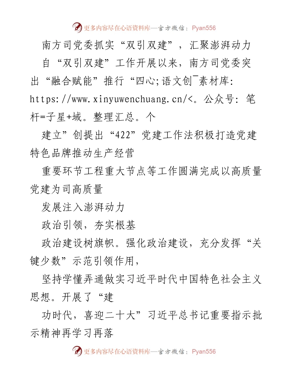[发言] 党建工作会议 - 南方司党委落实“双引双建”工作法，推动高质量发展.docx_第1页