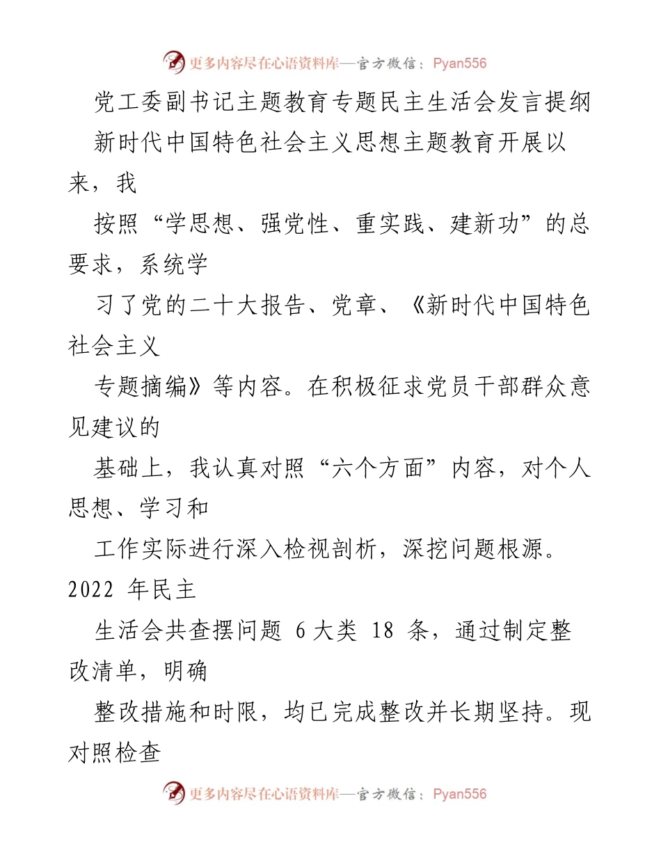[发言] 党工委副书记主题教育专题民主生活会 - 深入检视与整改：新时代中国特色社会主义思想学习与实践问题剖析.docx_第1页