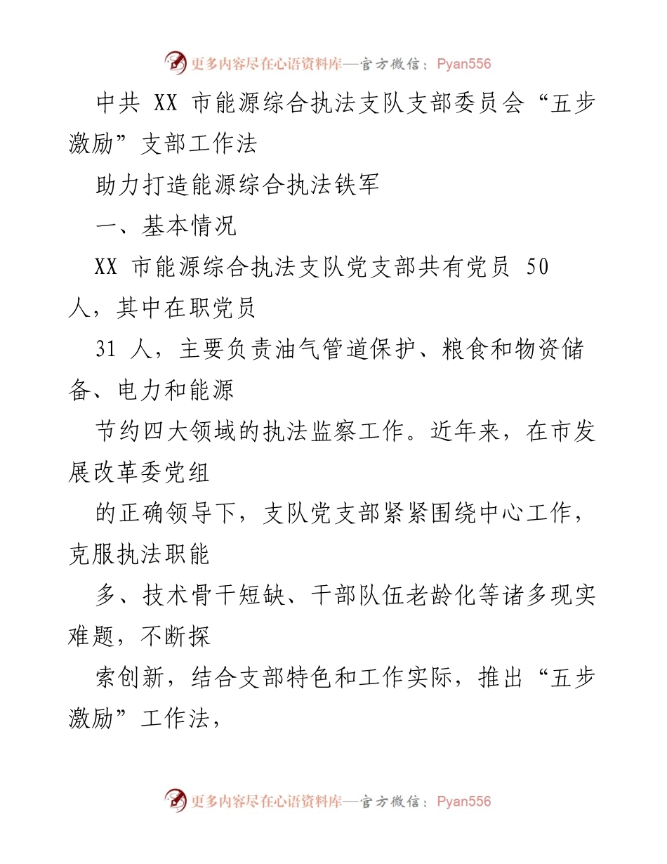 [发言] 党支部工作会议 - 中共XX市能源综合执法支队“五步激励”工作法助力打造执法铁军.docx_第1页