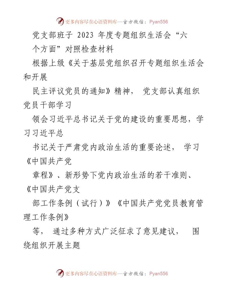 [发言] 党支部专题组织生活会 - 2023年度党支部班子对照检查及整改措施报告.docx_第1页