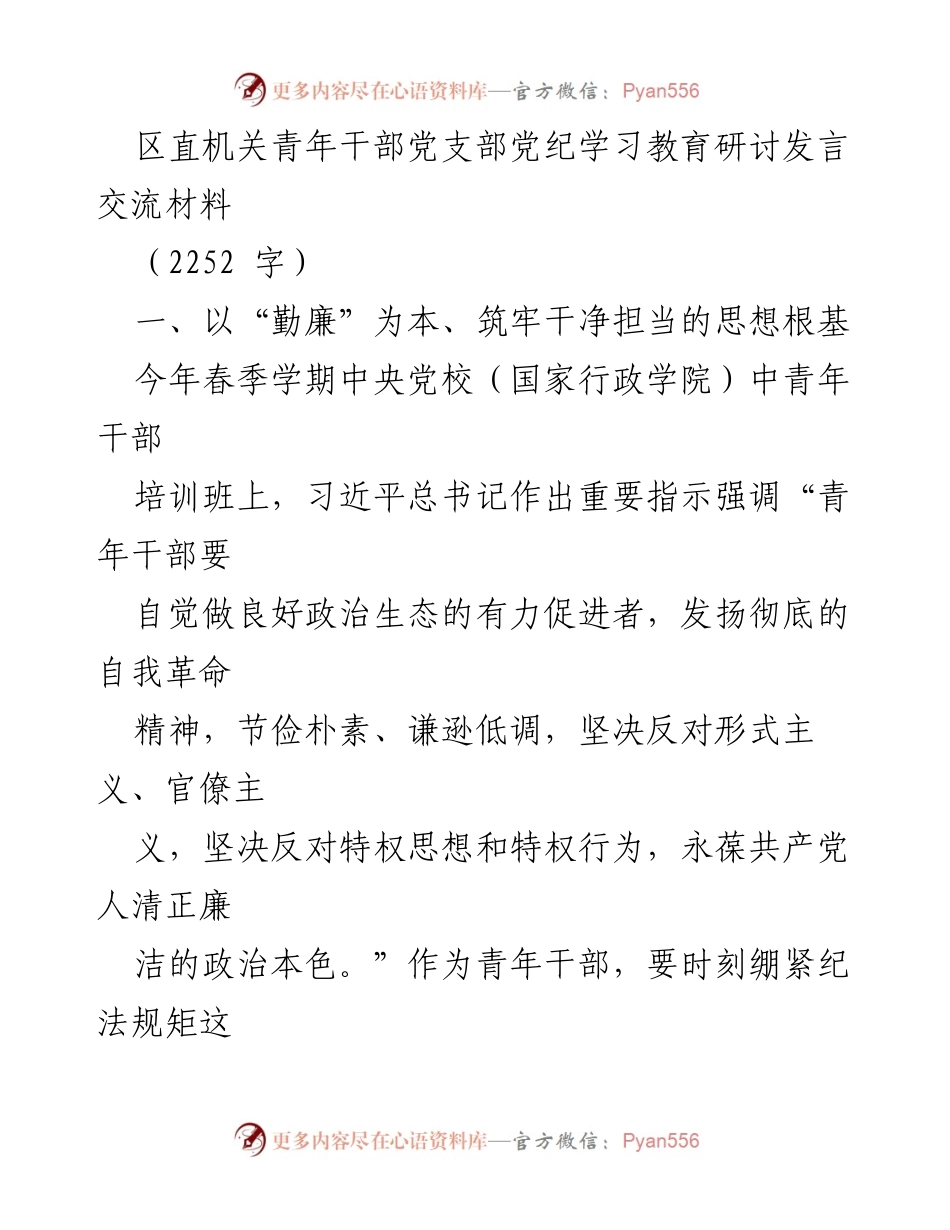 [发言] 党支部学习研讨 - 青年干部廉洁自律与责任担当的思考.docx_第1页