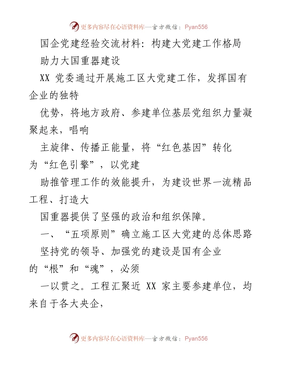 [发言] 党建经验交流会 - 构建大党建工作格局，助力大国重器建设.docx_第1页