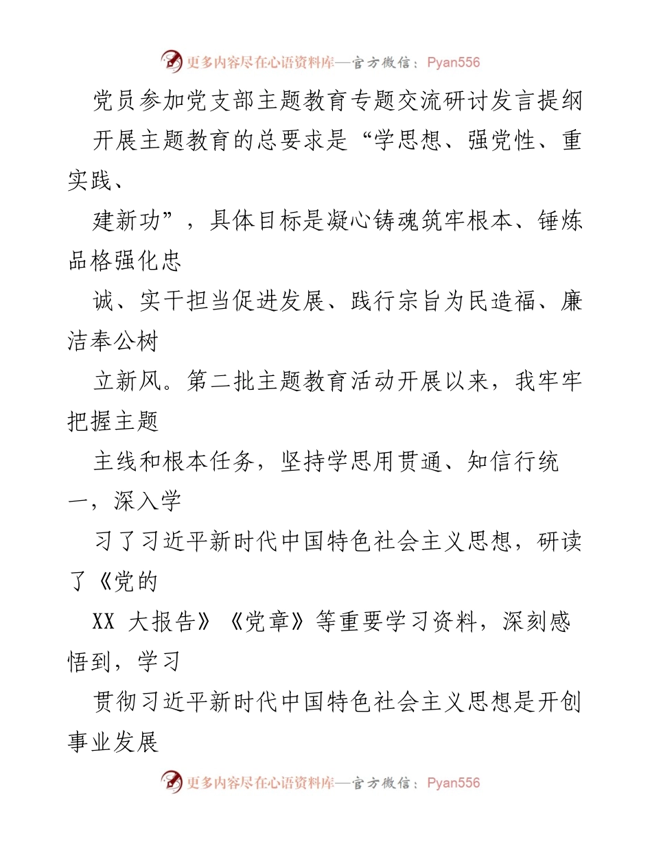 [发言] 党支部主题教育专题交流研讨 - 深化理论学习，践行习近平新时代中国特色社会主义思想.docx_第1页