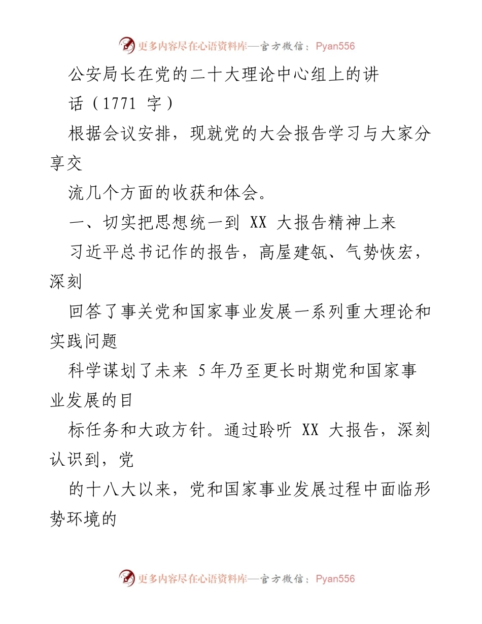 [发言] 党的二十大理论中心组 - 深入学习贯彻党的二十大精神，推动社会治安与经济高质量发展.docx_第1页