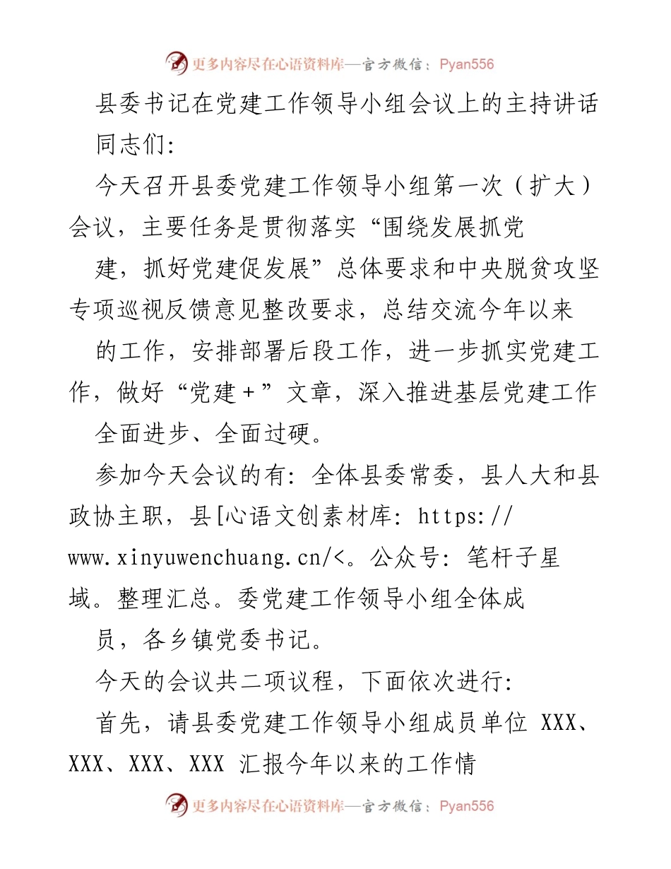 [发言] 党建工作领导小组会议 - 加强党建工作，促进脱贫攻坚与乡村振兴.docx_第1页