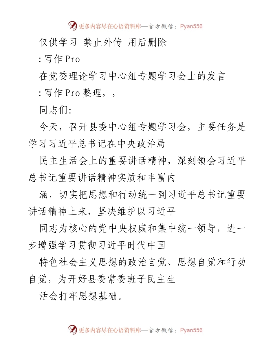 [发言] 党委理论学习中心组专题学习会 - 深入学习习近平总书记重要讲话精神，增强政治自觉和行动自觉.docx_第1页