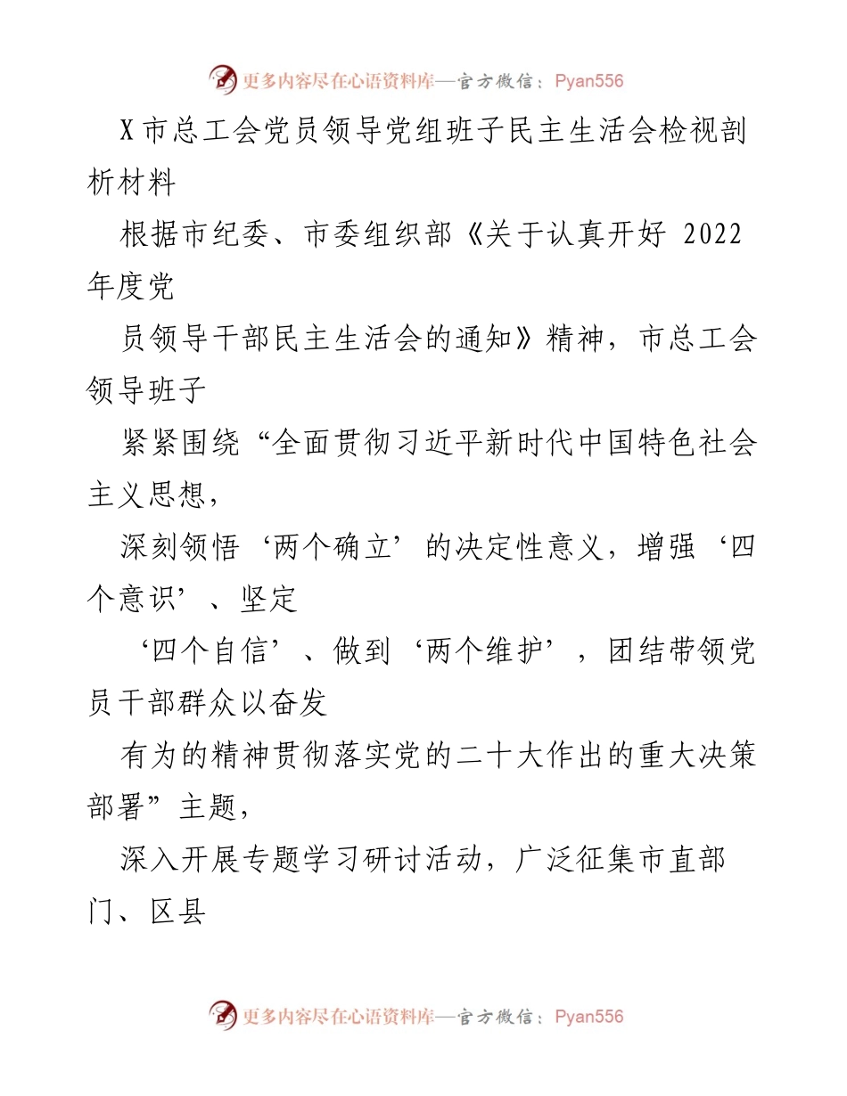 [发言] 党员领导干部民主生活会 - X市总工会领导班子民主生活会检视剖析报告_1.docx_第1页