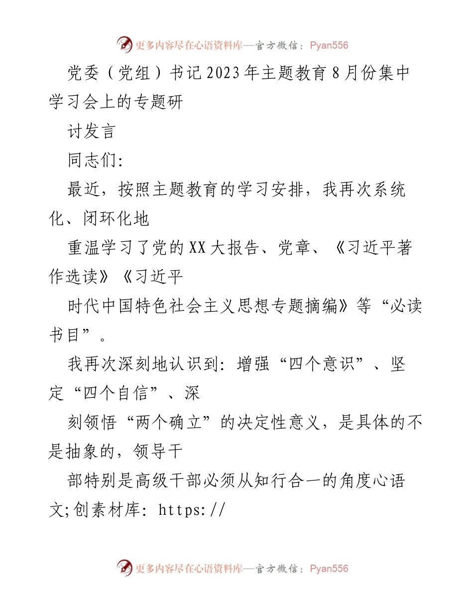 [发言] 党委（党组）书记2023年主题教育8月份集中学习会 - 深刻领悟“两个确立”的决定性意义.docx_第1页