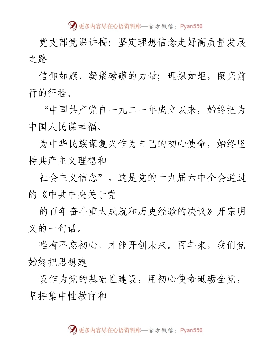 [发言] 党支部党课 - 坚定理想信念，推动高质量发展.docx_第1页