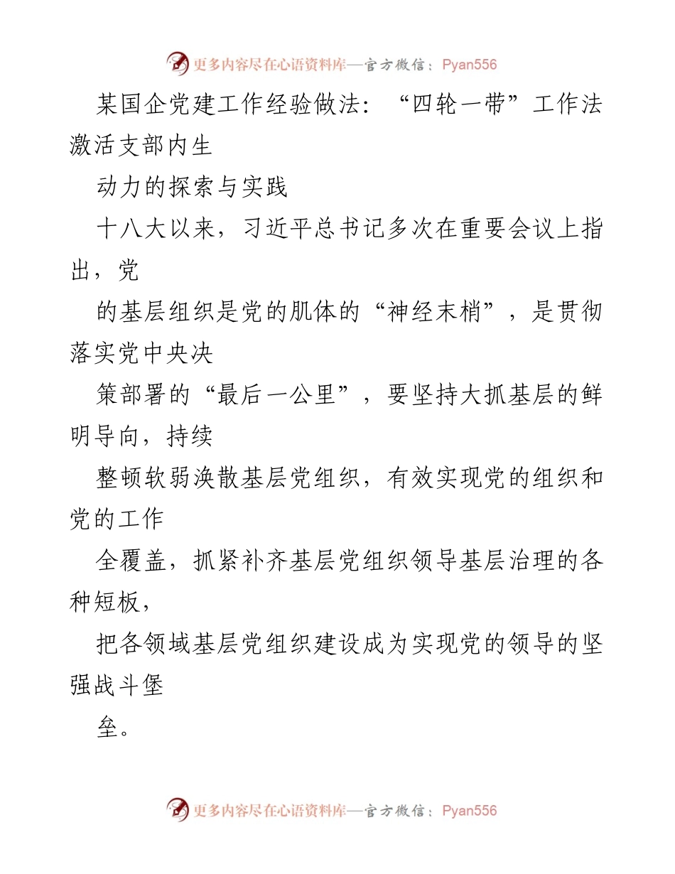 [发言] 党建工作经验分享 - “四轮一带”工作法：激活基层党支部内生动力的探索与实践.docx_第1页