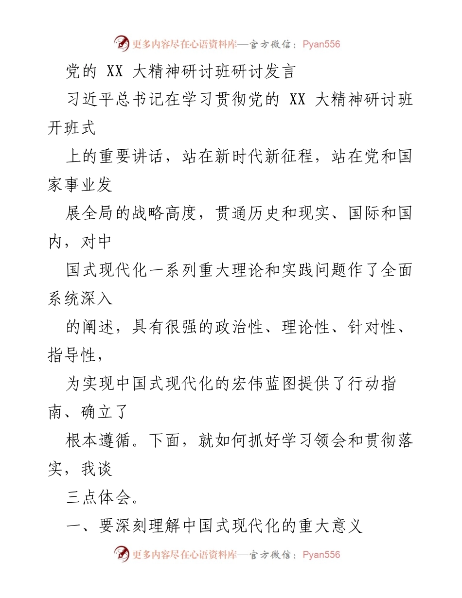 [发言] 党的 XX 大精神研讨班 - 深刻理解与推进中国式现代化的实践与原则_1.docx_第1页