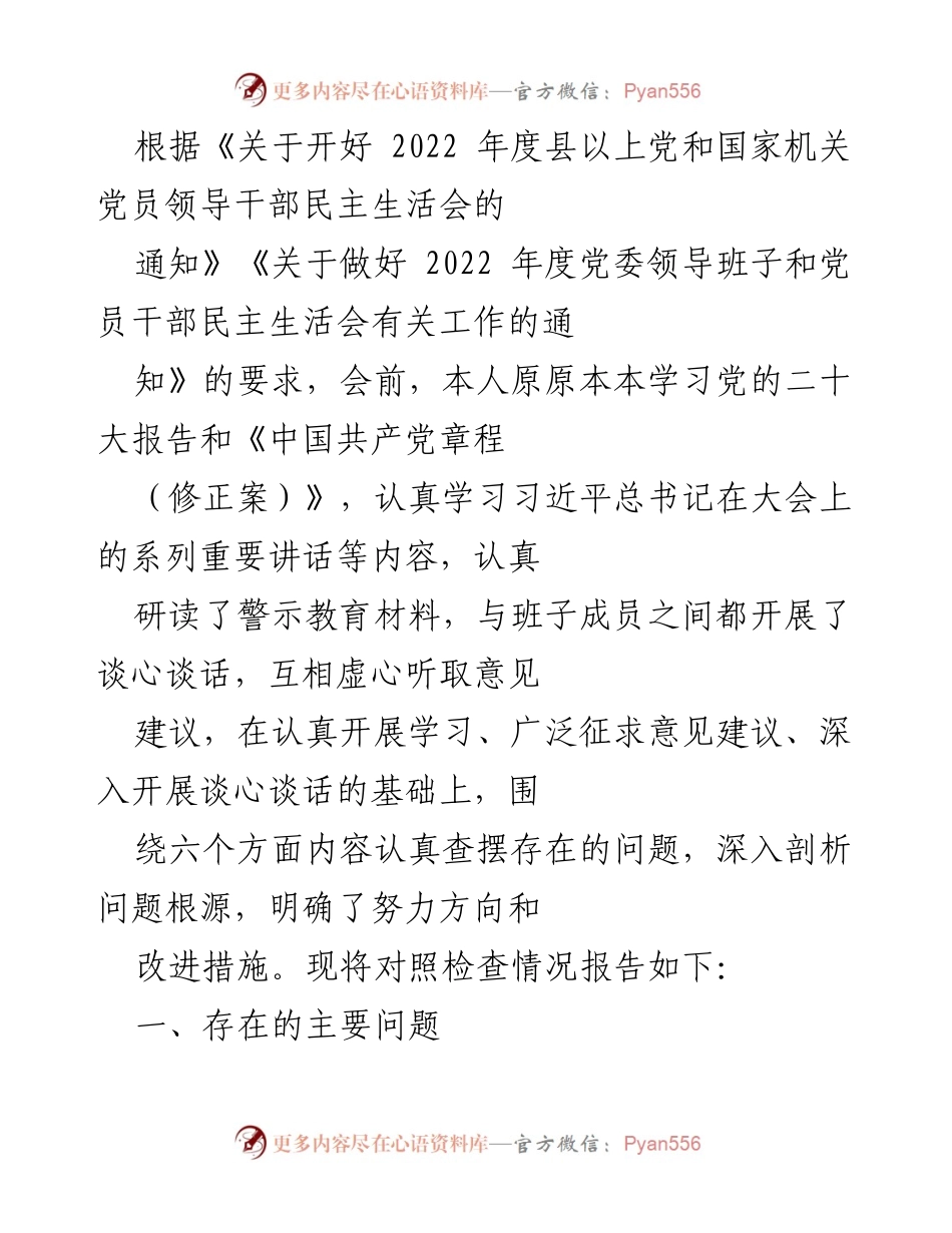 [发言] 党员领导干部民主生活会 - 深入剖析存在问题，提升政治意识.docx_第1页