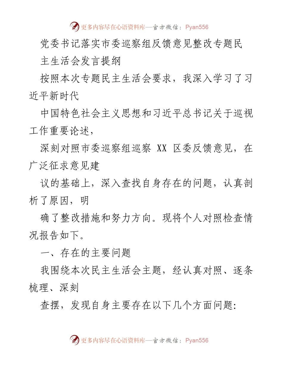 [发言] 党委书记民主生活会 - 党委书记关于市委巡察反馈意见整改的发言提纲.docx_第1页