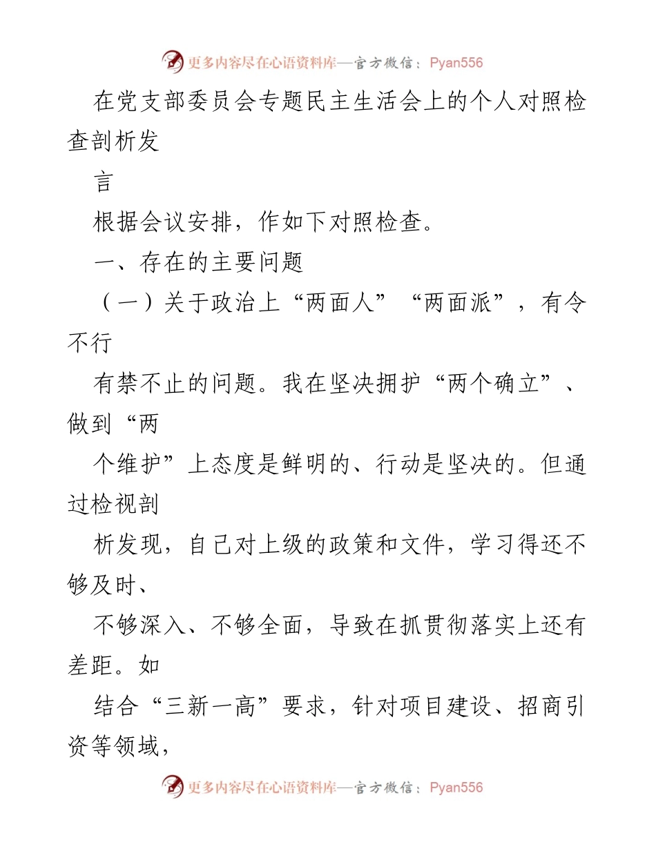 [发言] 党支部委员会专题民主生活会 - 个人对照检查与剖析发言.docx_第1页