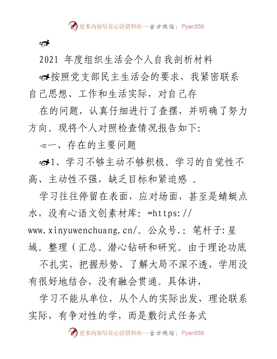 [发言] 党支部民主生活会 - 2021年度个人自我剖析与反思报告.docx_第1页