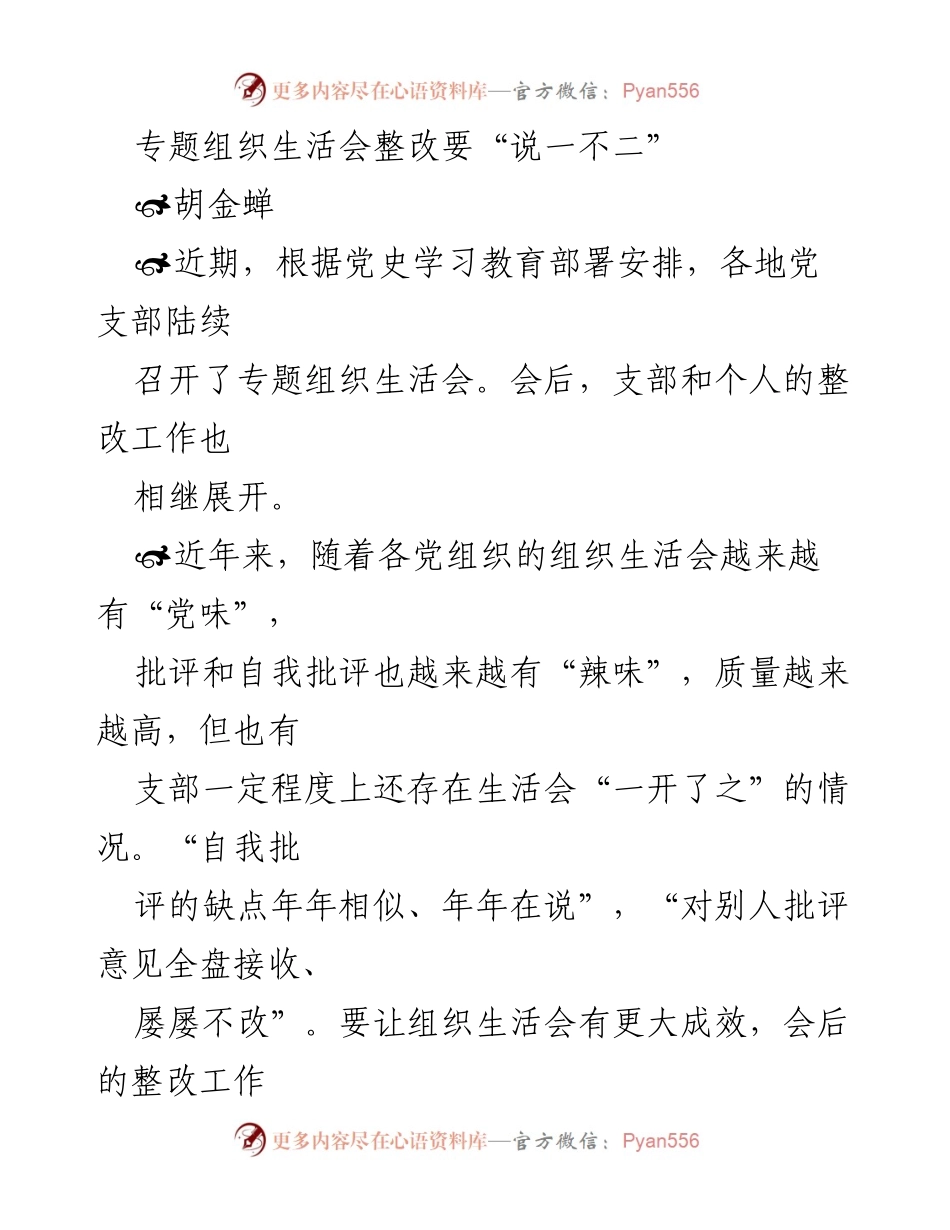 [发言] 党支部专题组织生活会 - 整改工作要“说一不二”.docx_第1页