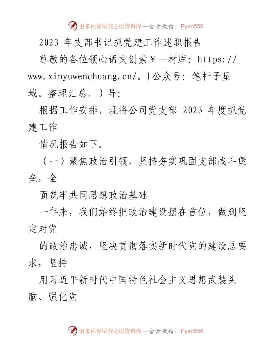 [发言] 党建工作述职 - 2023年度党支部书记抓党建工作述职报告.docx_第1页