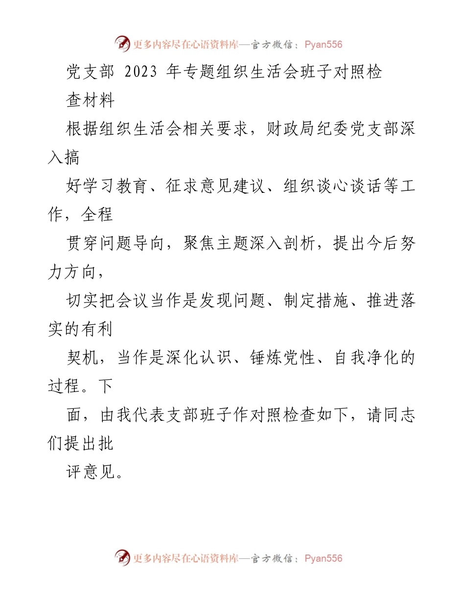 [发言] 党支部专题组织生活会 - 2023年党支部班子对照检查与反思.docx_第1页