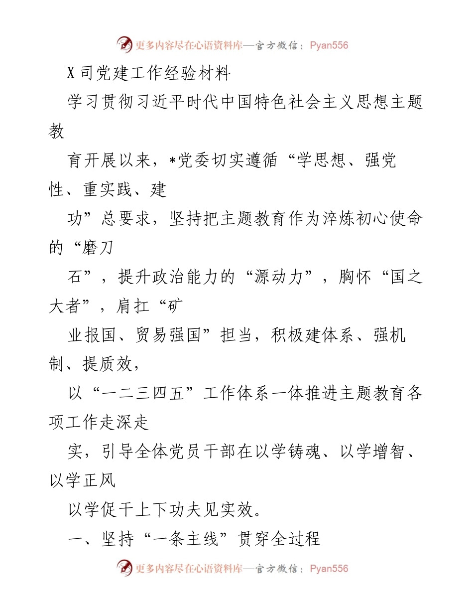 [发言] 党建工作会议 - X司党建工作经验分享与主题教育实践总结.docx_第1页