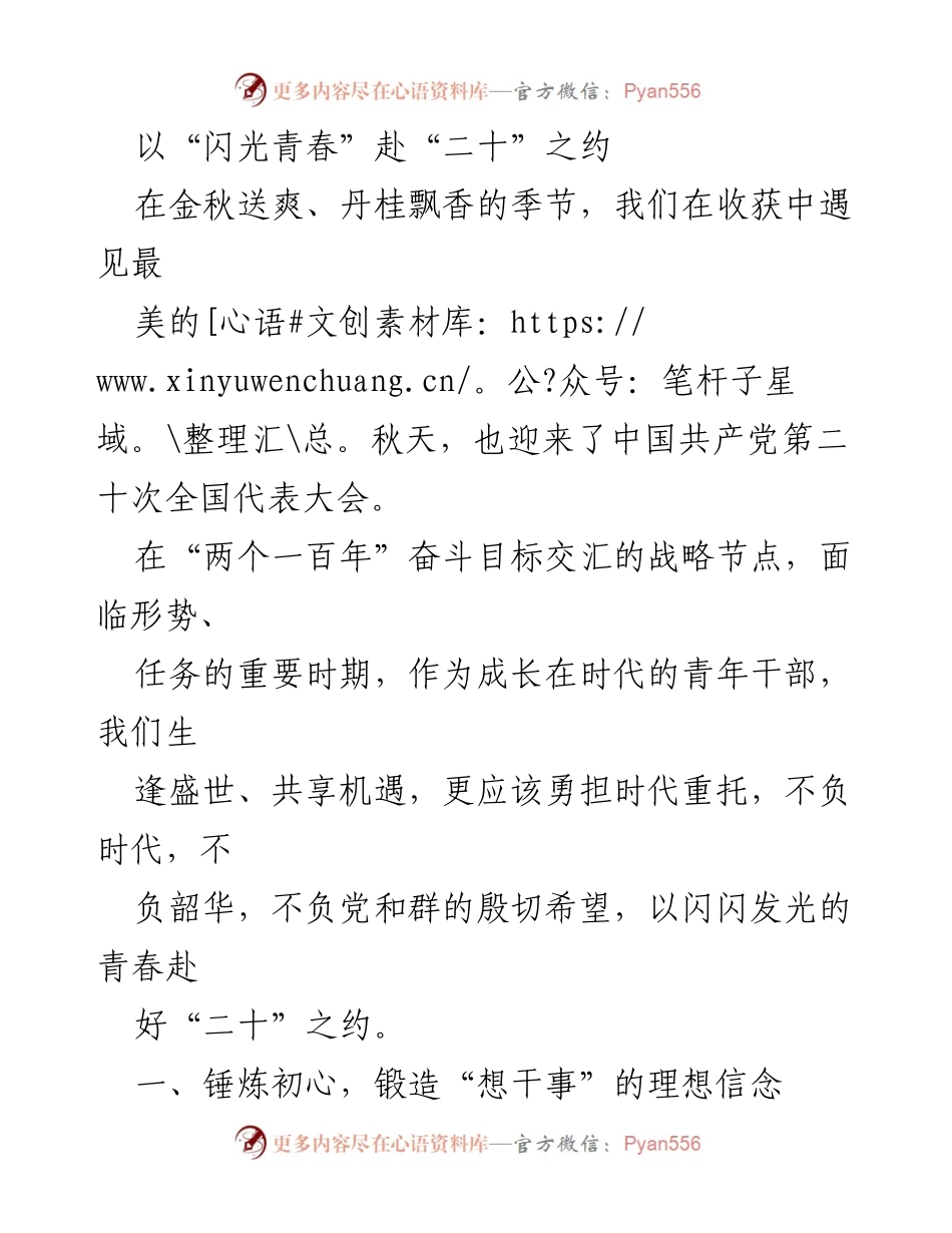 [发言] 党的二十大青年干部学习交流会 - 青年干部以闪光青春迎接党的二十大.docx_第1页