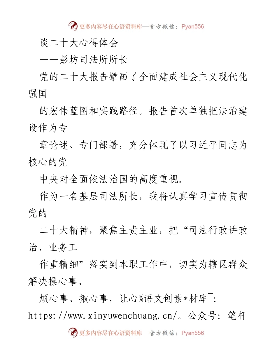 [发言] 党的二十大学习心得分享 - 基层司法所长对法治建设的思考与实践.docx_第1页