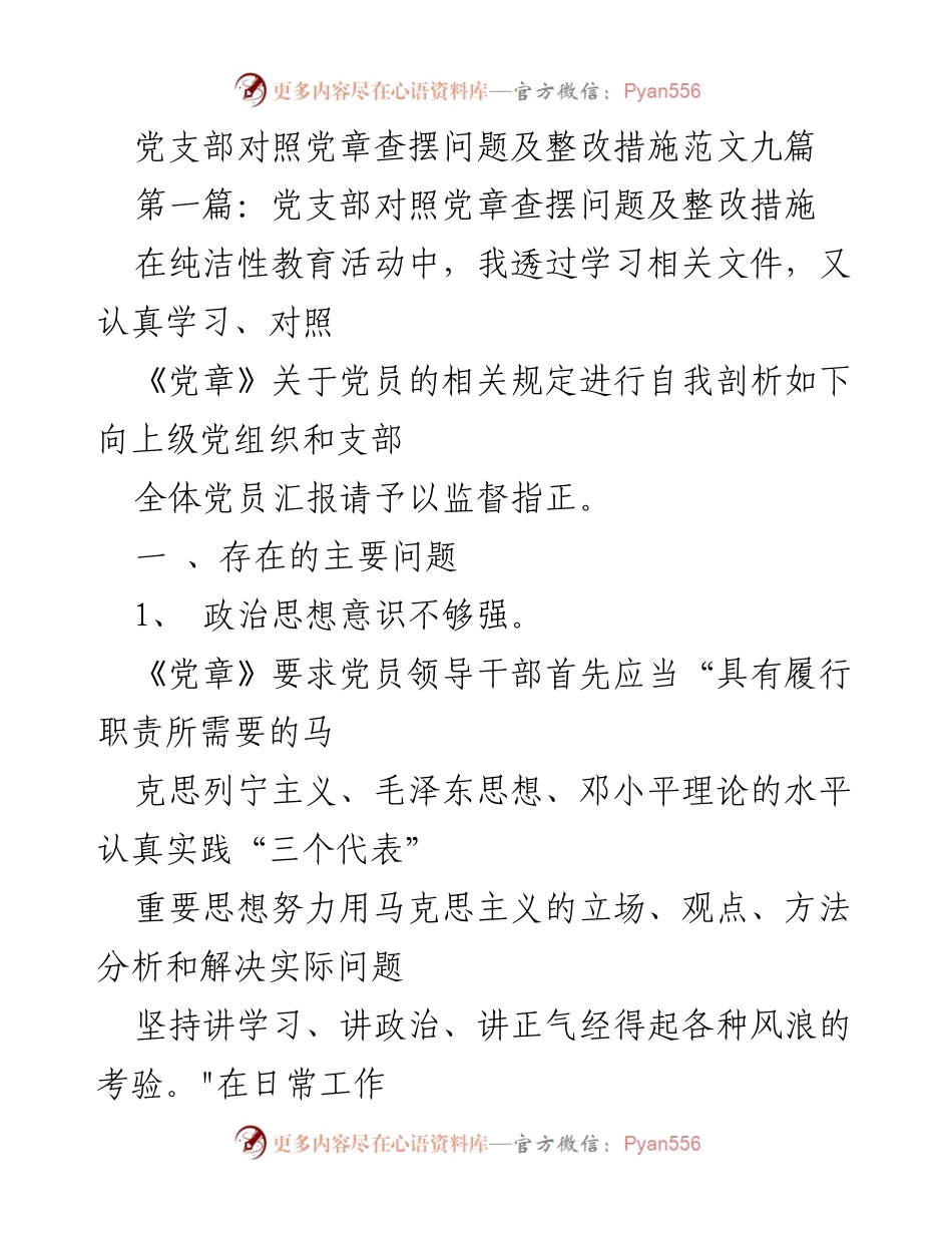 [发言] 党支部整改会议 - 党支部对照党章查摆问题及整改措施汇报.docx_第1页