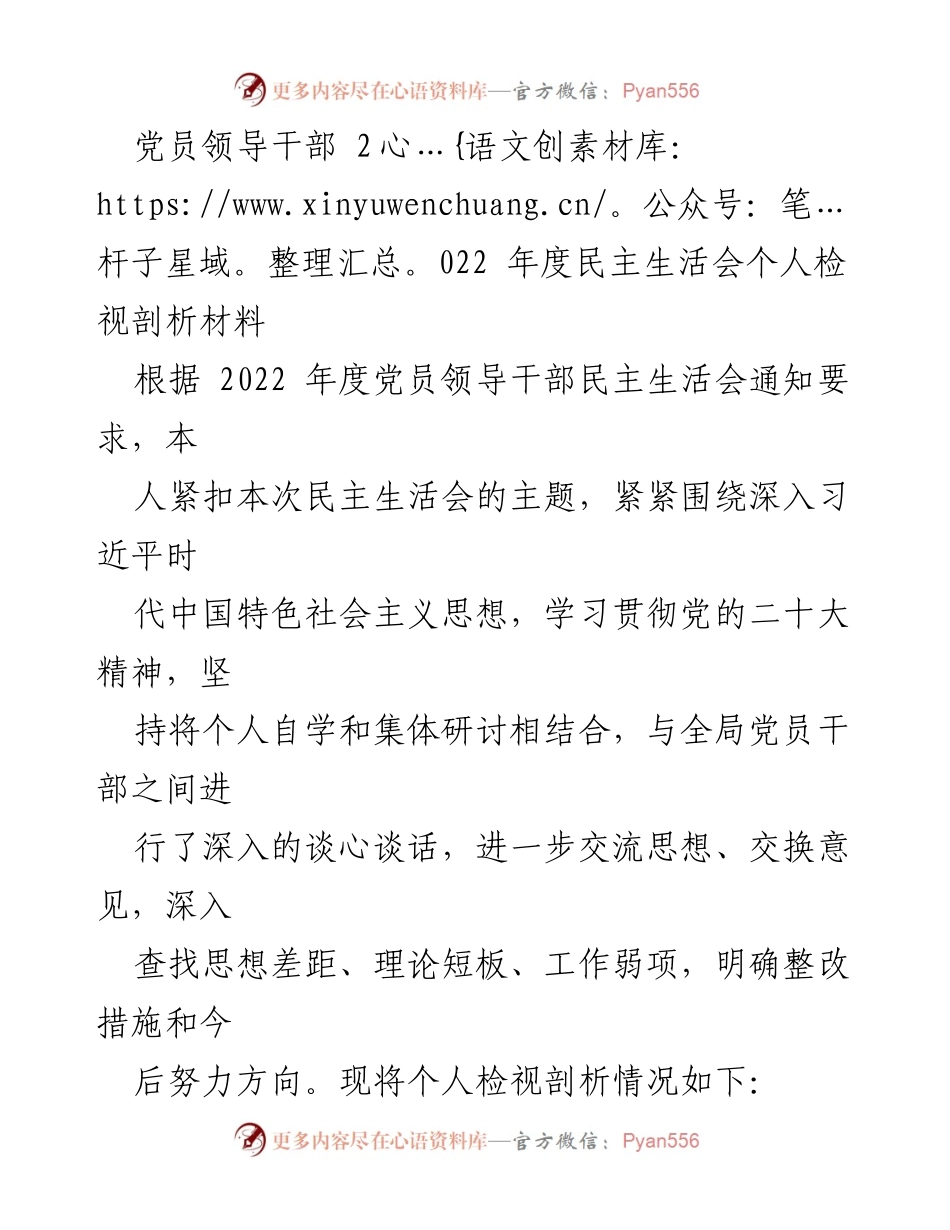 [发言] 党员领导干部民主生活会 - 2022年度民主生活会个人检视与整改剖析材料.docx_第1页