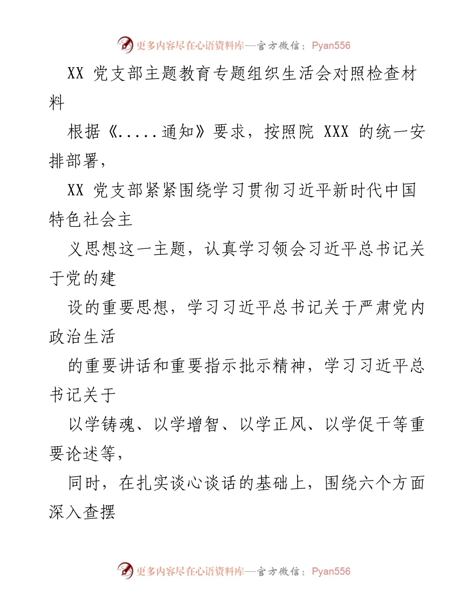 [发言] 党支部主题教育专题组织生活会 - XX 党支部对照检查材料总结.docx_第1页
