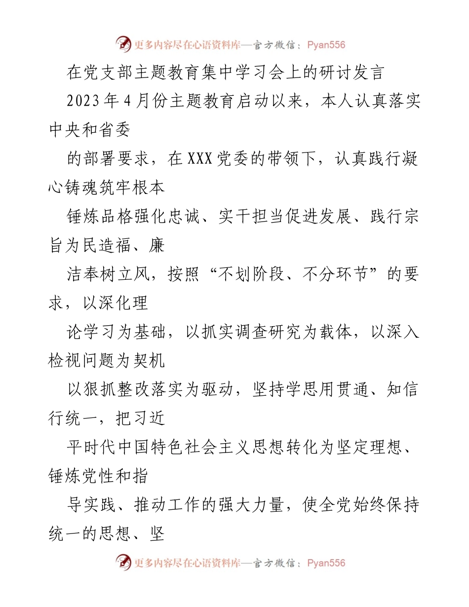 [发言] 党支部主题教育集中学习会 - 深化理论学习，推动自我革命与整改落实.docx_第1页