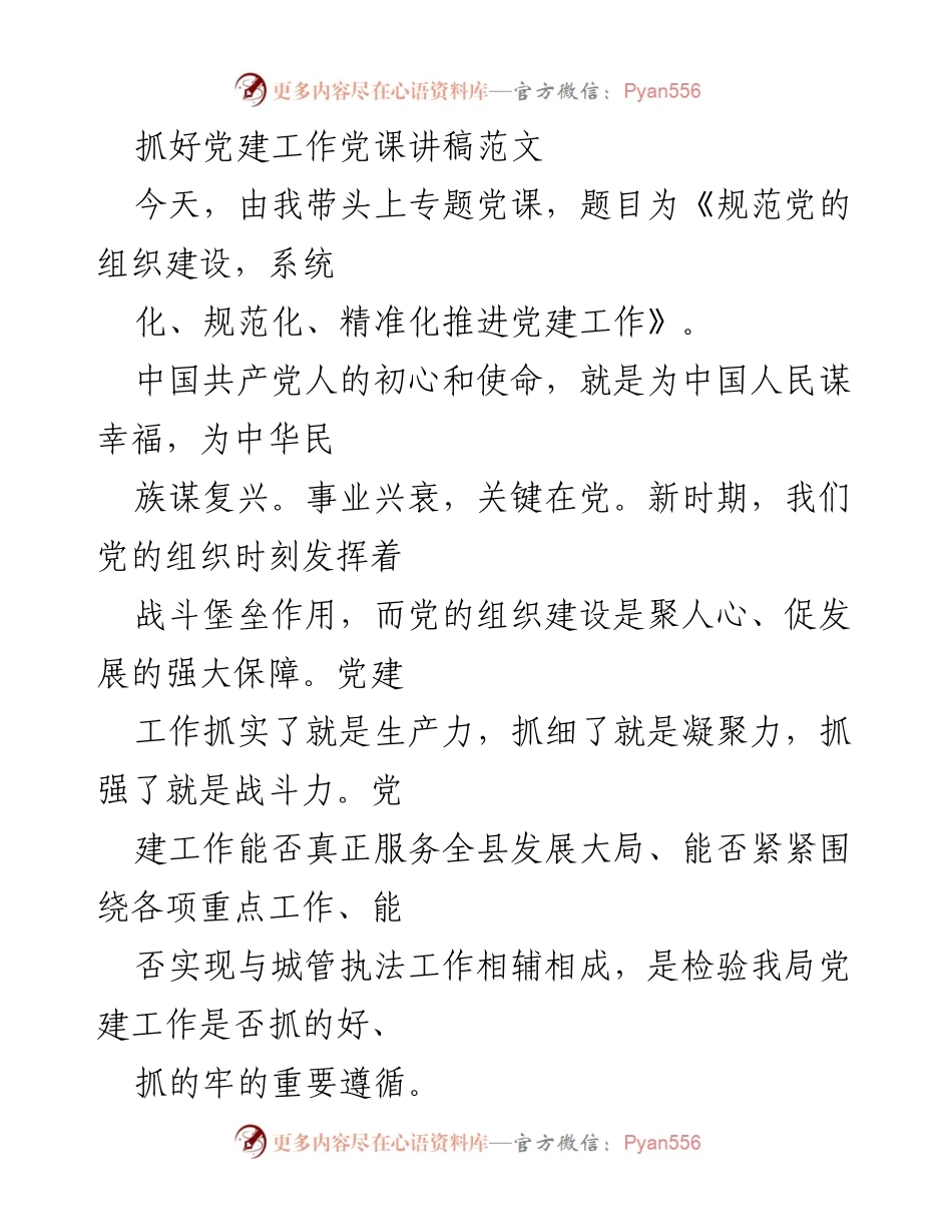 [发言] 党建工作专题党课 - 《规范党的组织建设，系统化、规范化、精准化推进党建工作》.docx_第1页